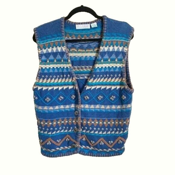 Vintage Segrets Sun Prints Blue Southwestern Knit Sweater Vest Women’s Size L - Picture 5 of 8